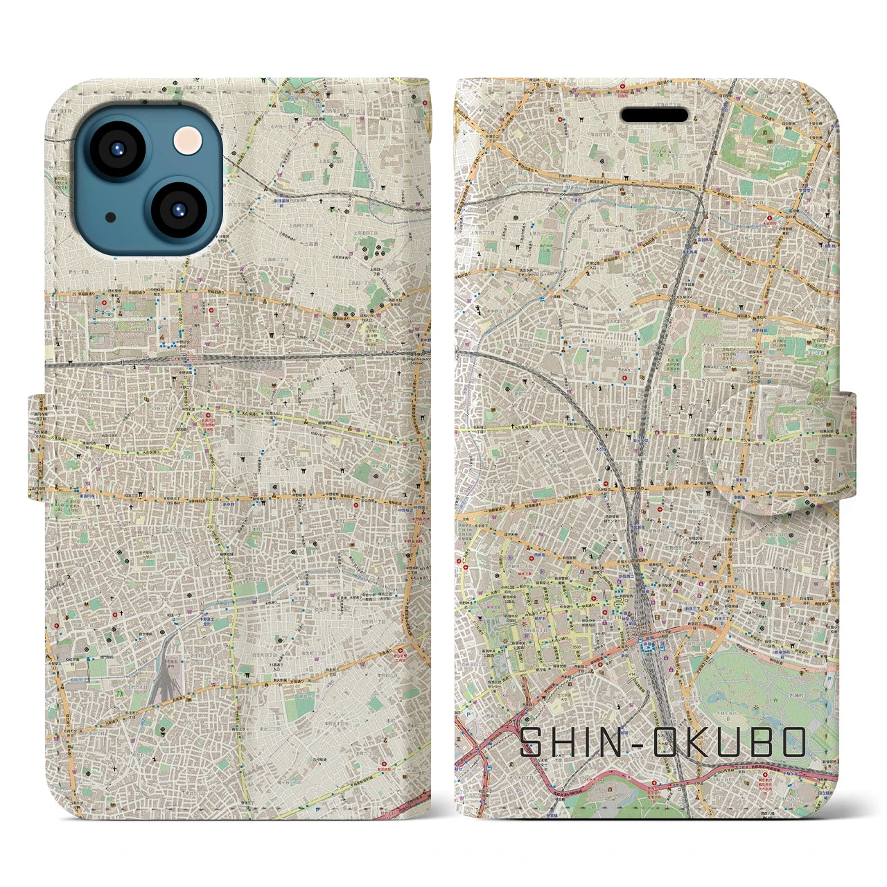 【新大久保】地図柄iPhoneケース（手帳両面タイプ・ナチュラル）iPhone 13 用