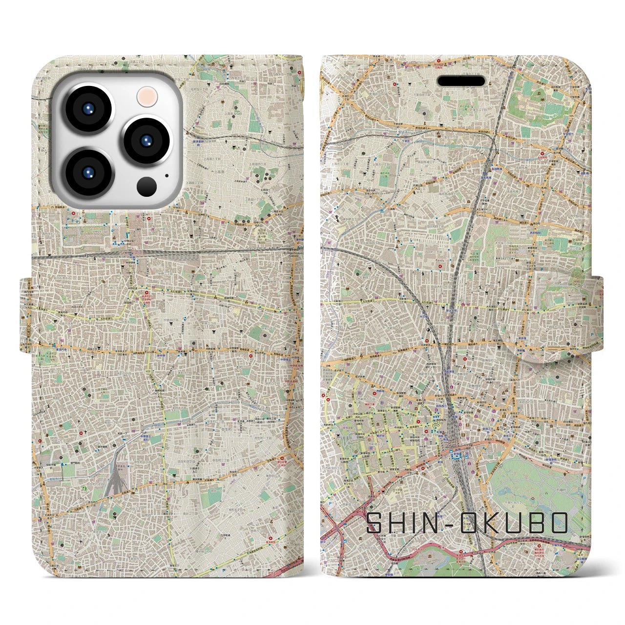 【新大久保】地図柄iPhoneケース（手帳両面タイプ・ナチュラル）iPhone 13 Pro 用
