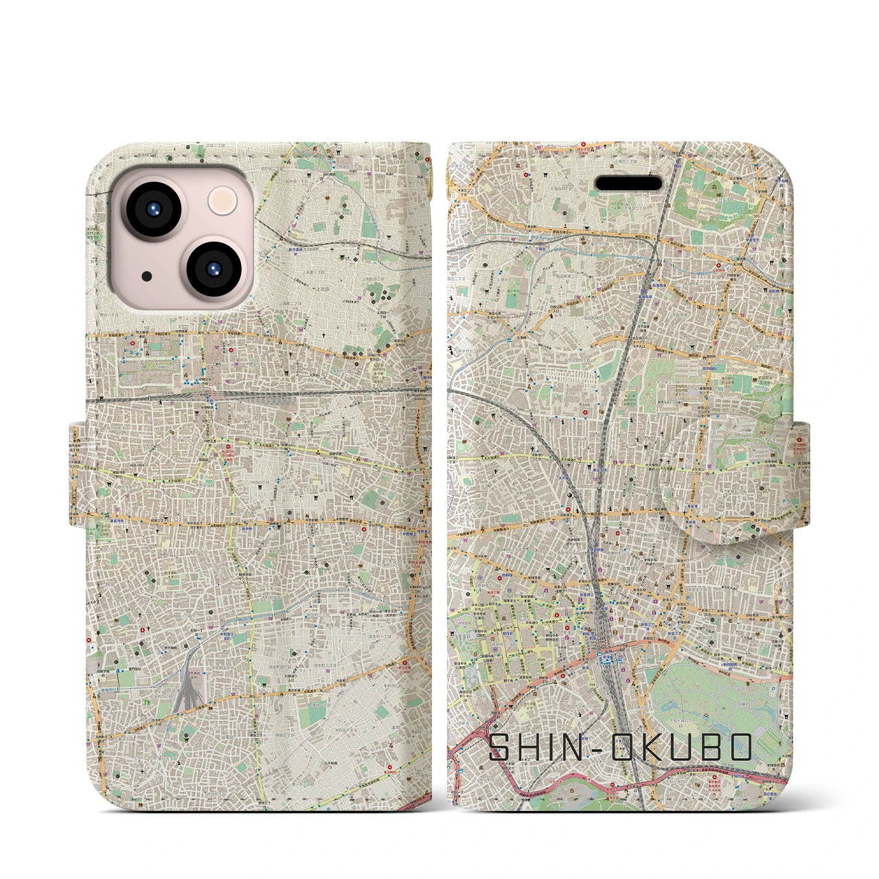 【新大久保】地図柄iPhoneケース（手帳両面タイプ・ナチュラル）iPhone 13 mini 用