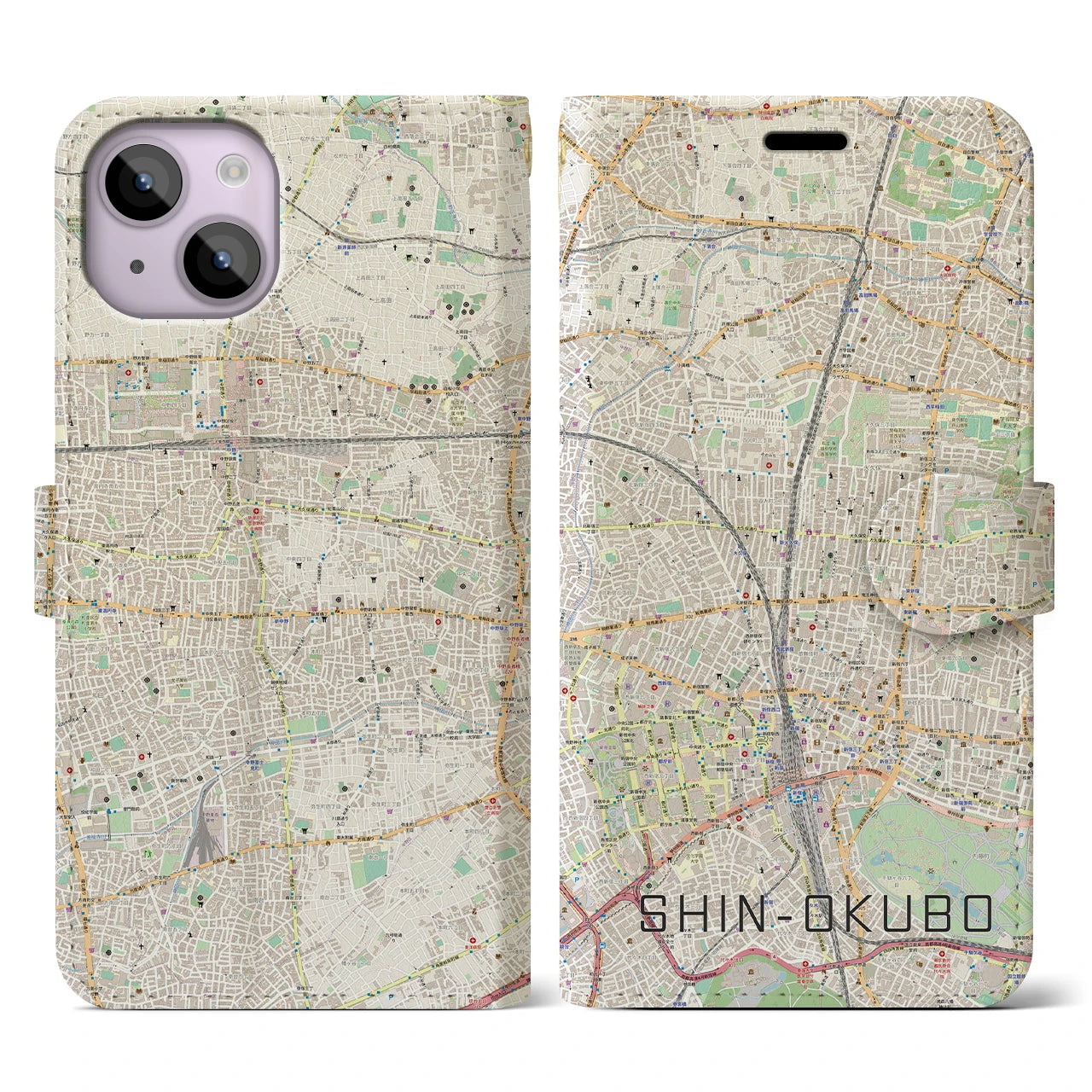 【新大久保】地図柄iPhoneケース（手帳両面タイプ・ナチュラル）iPhone 14 用
