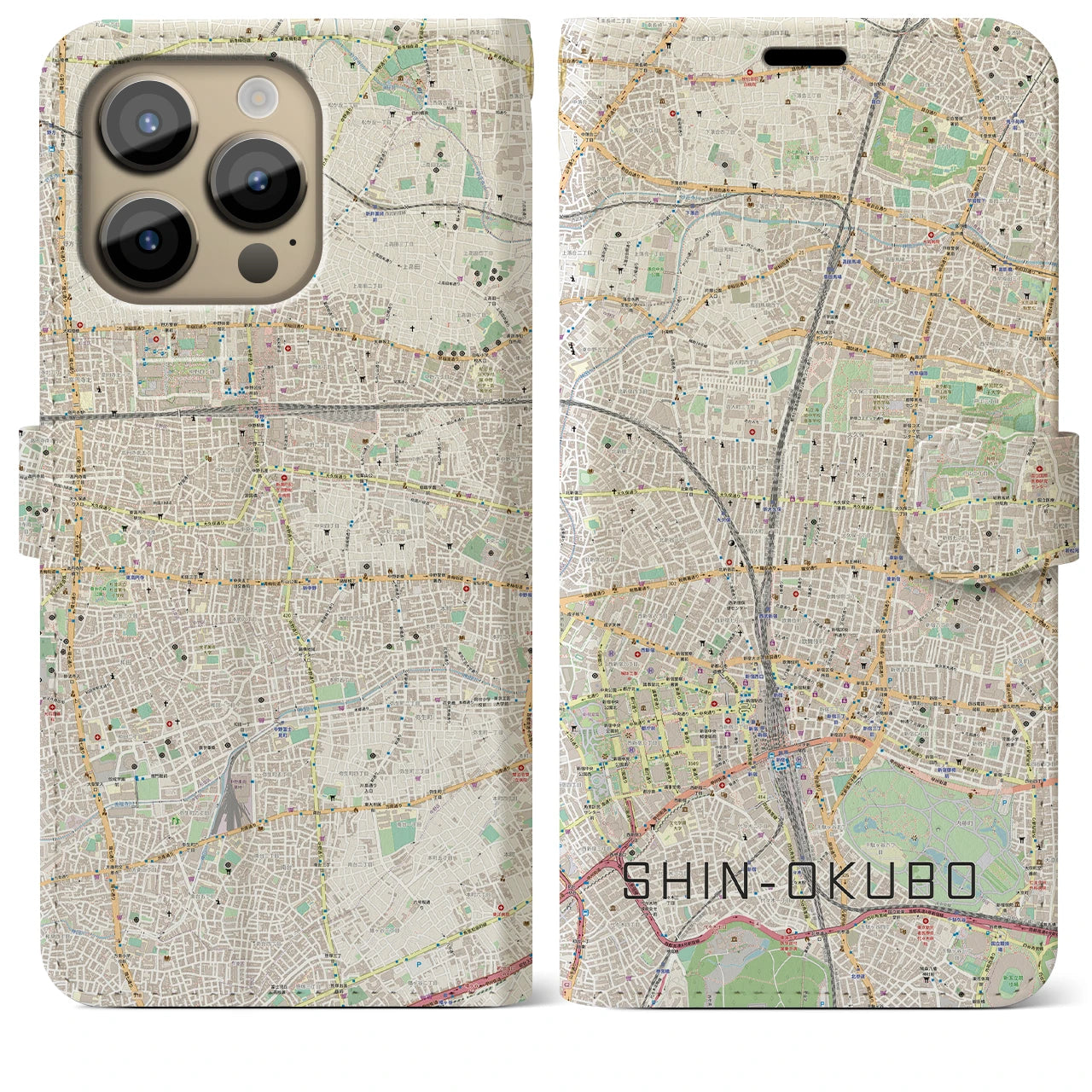 【新大久保】地図柄iPhoneケース（手帳両面タイプ・ナチュラル）iPhone 14 Pro Max 用