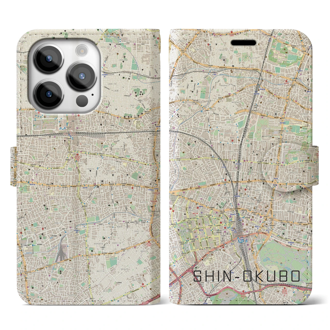 【新大久保】地図柄iPhoneケース（手帳両面タイプ・ナチュラル）iPhone 14 Pro 用