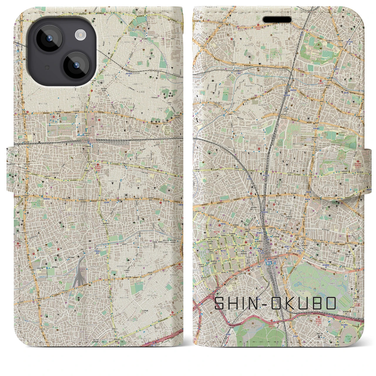 【新大久保】地図柄iPhoneケース（手帳両面タイプ・ナチュラル）iPhone 14 Plus 用