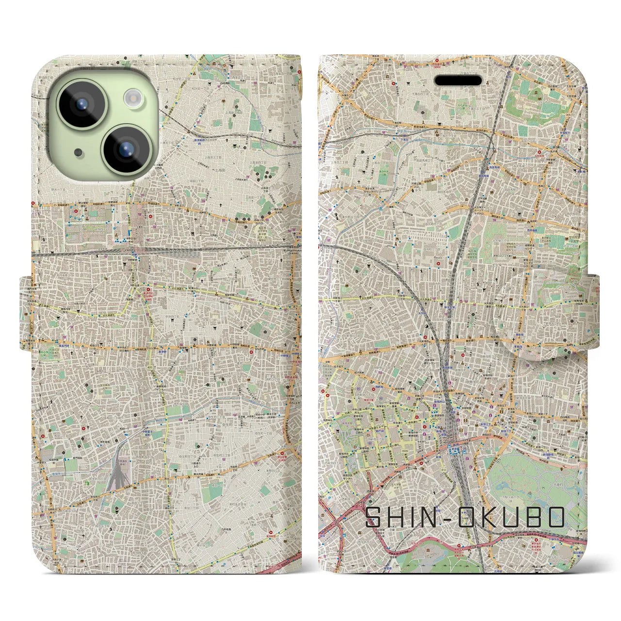 【新大久保】地図柄iPhoneケース（手帳両面タイプ・ナチュラル）iPhone 15 用