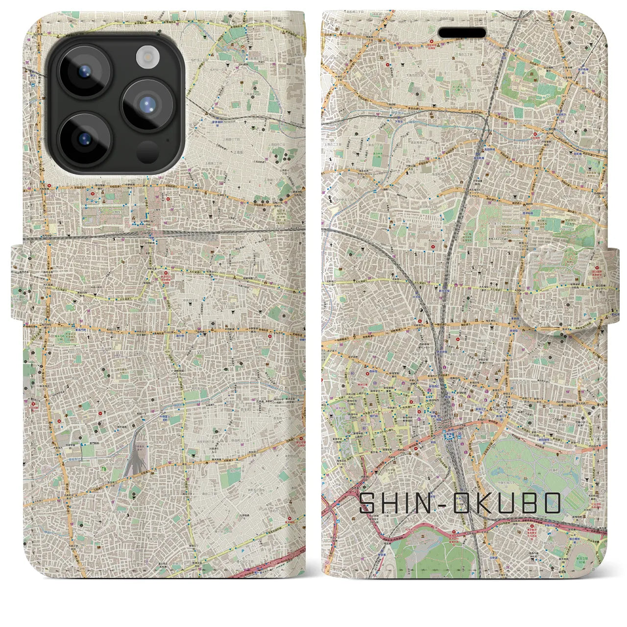 【新大久保】地図柄iPhoneケース（手帳両面タイプ・ナチュラル）iPhone 15 Pro Max 用