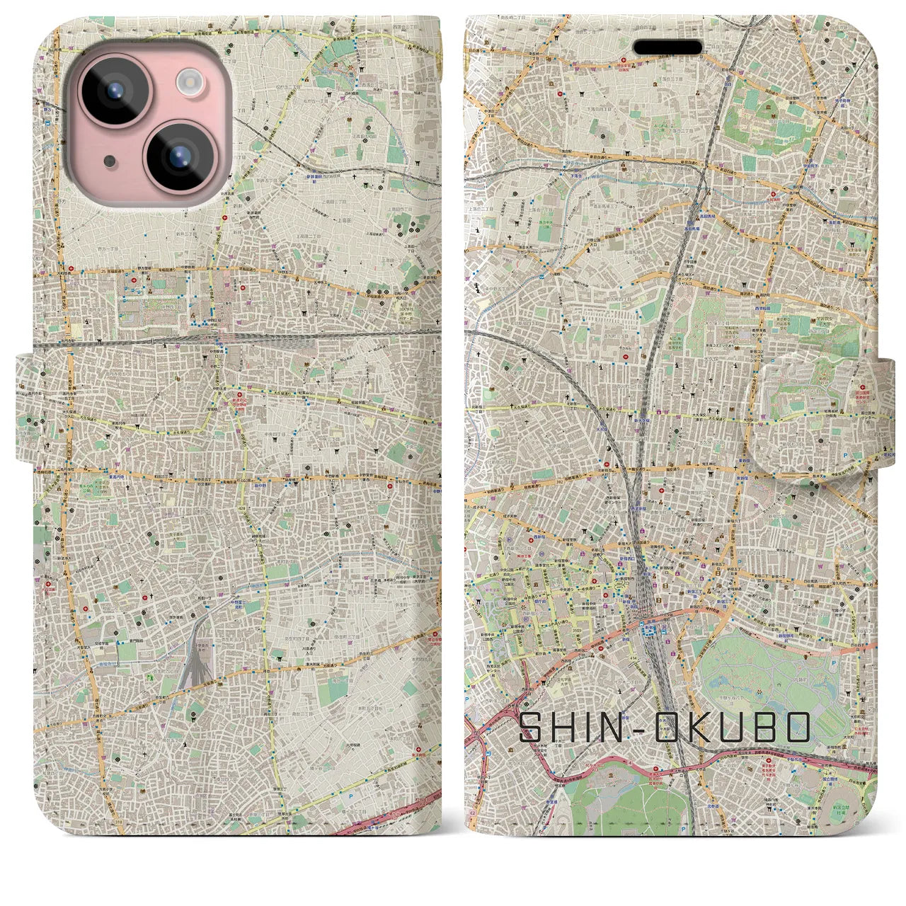 【新大久保】地図柄iPhoneケース（手帳両面タイプ・ナチュラル）iPhone 15 Plus 用