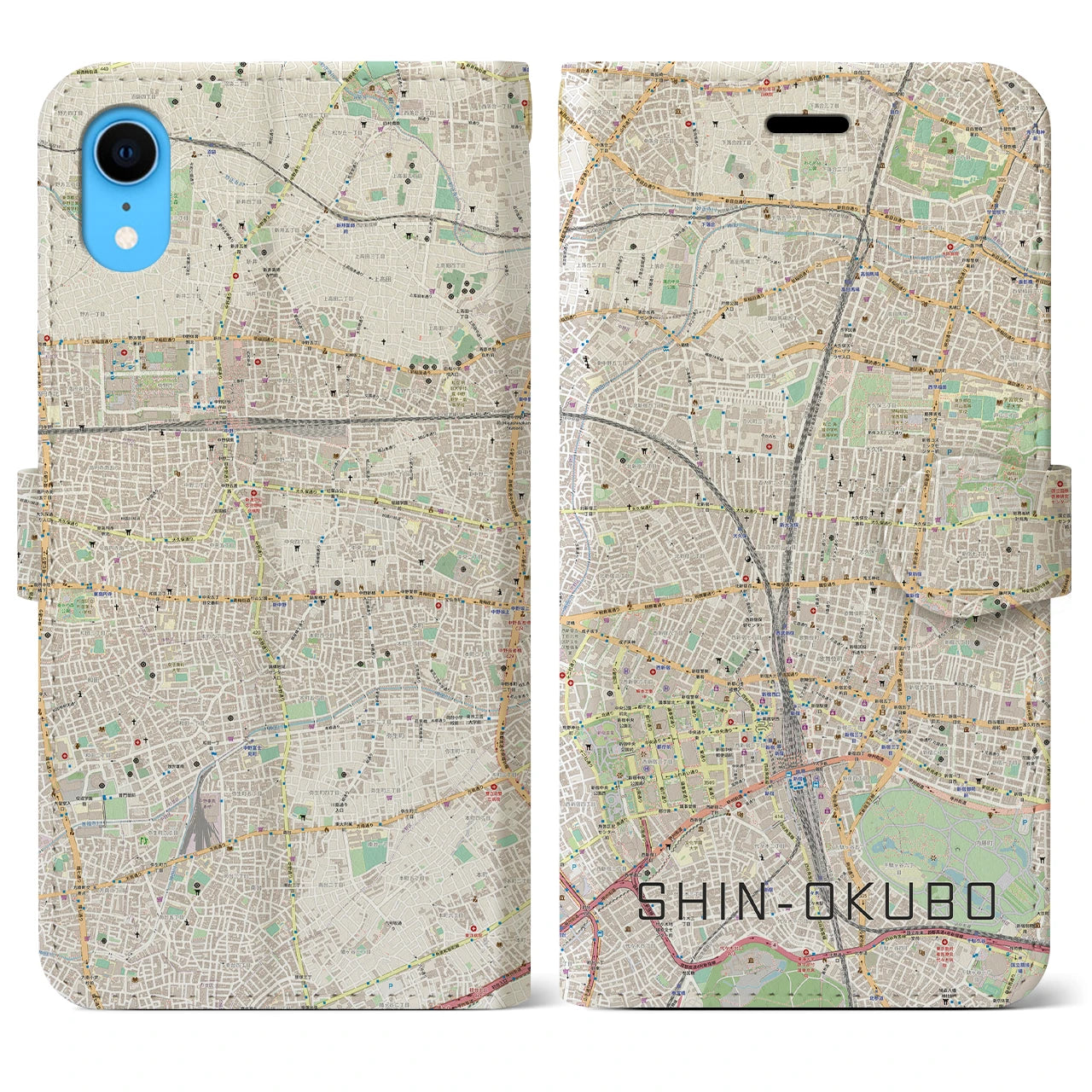 【新大久保】地図柄iPhoneケース（手帳両面タイプ・ナチュラル）iPhone XR 用