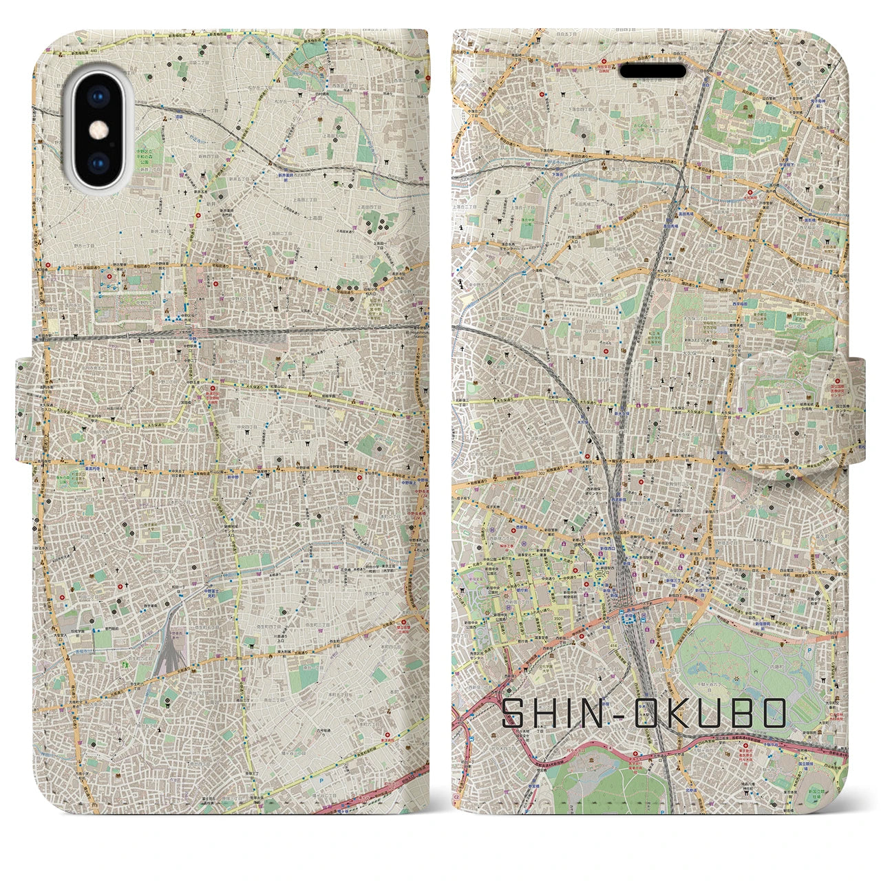 【新大久保】地図柄iPhoneケース（手帳両面タイプ・ナチュラル）iPhone XS Max 用