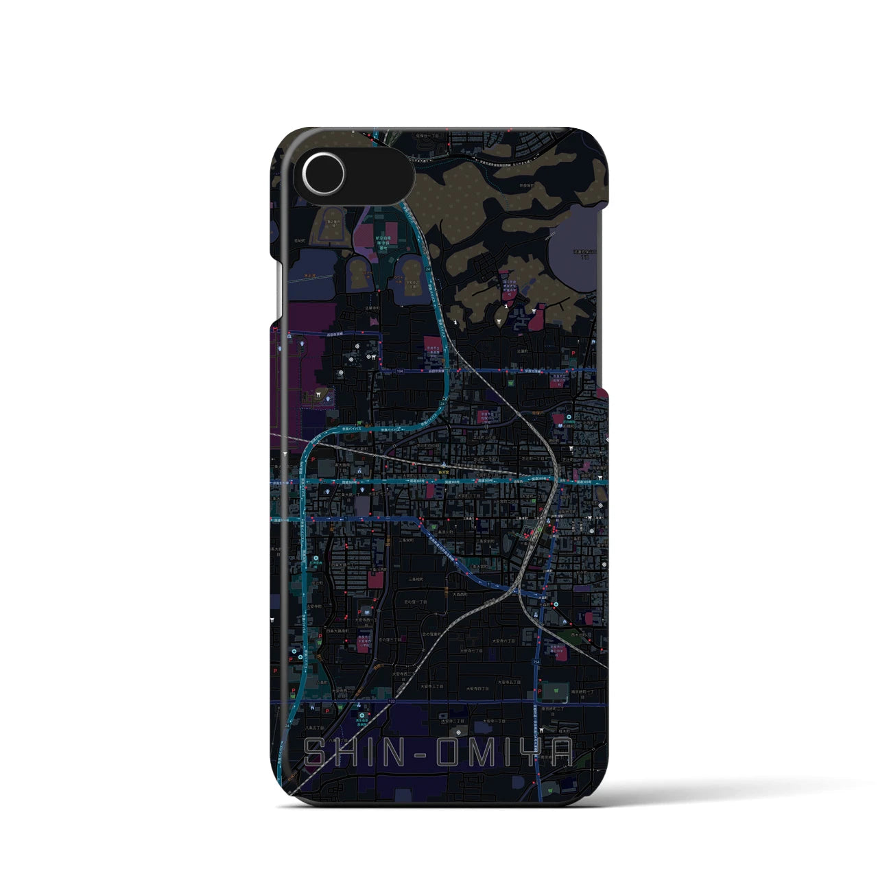 【新大宮】地図柄iPhoneケース（バックカバータイプ・ブラック）iPhone SE（第3 / 第2世代） / 8 / 7 / 6s / 6 用