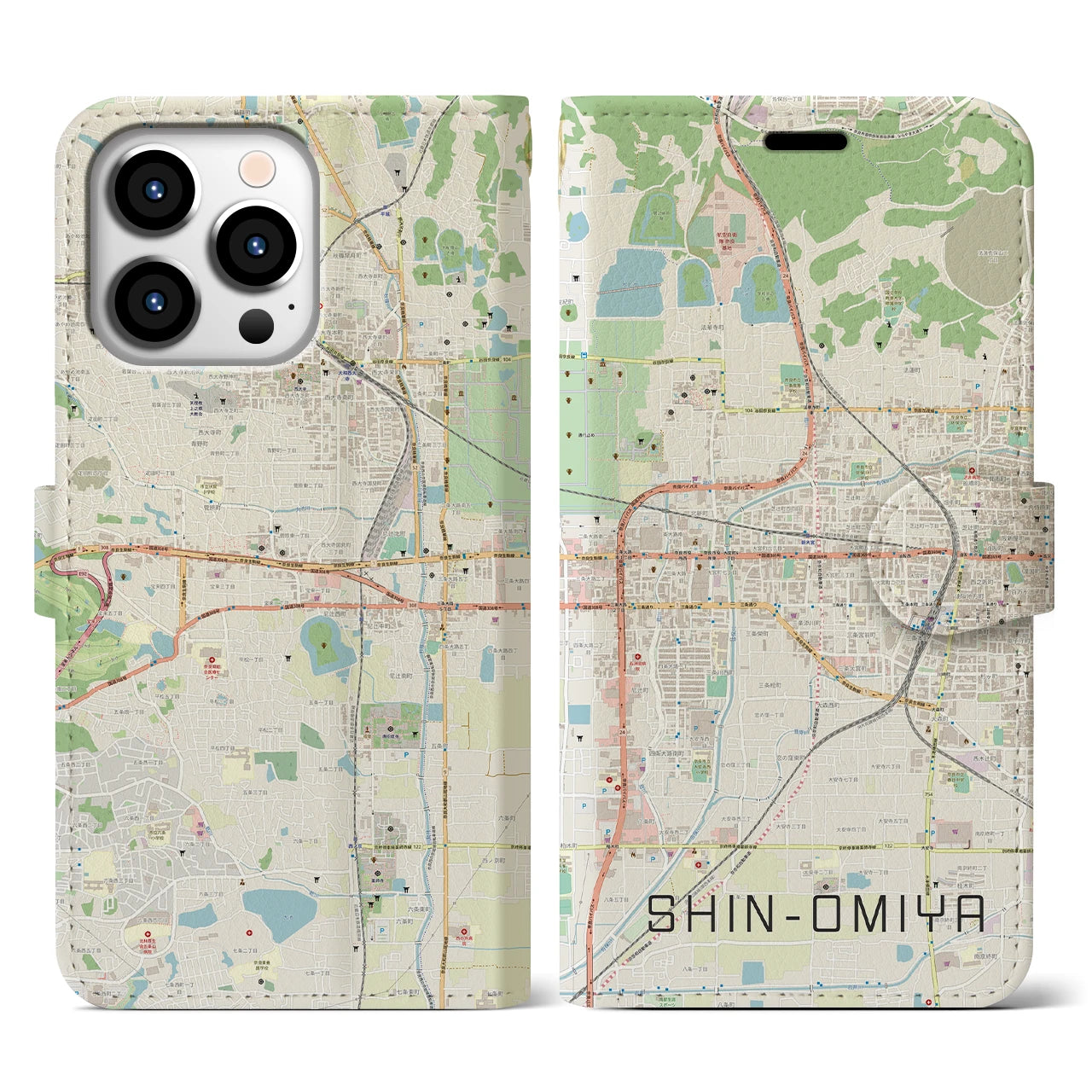 【新大宮】地図柄iPhoneケース（手帳両面タイプ・ナチュラル）iPhone 13 Pro 用