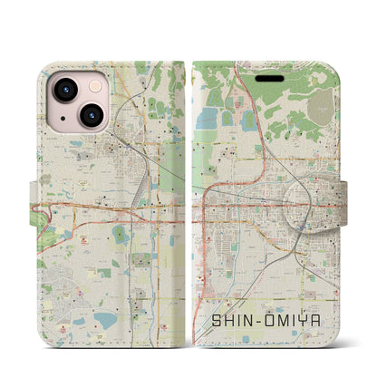 【新大宮（奈良県）】地図柄iPhoneケース（手帳タイプ）ナチュラル・iPhone 13 mini 用