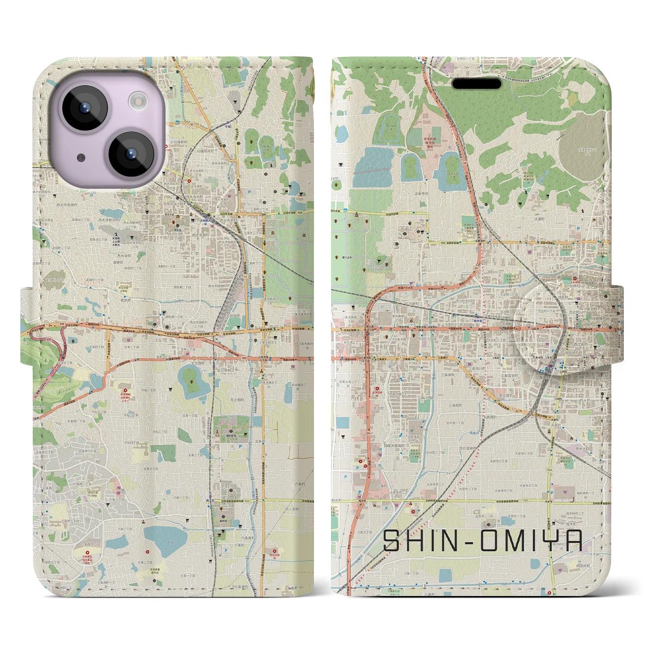 【新大宮】地図柄iPhoneケース（手帳両面タイプ・ナチュラル）iPhone 14 用