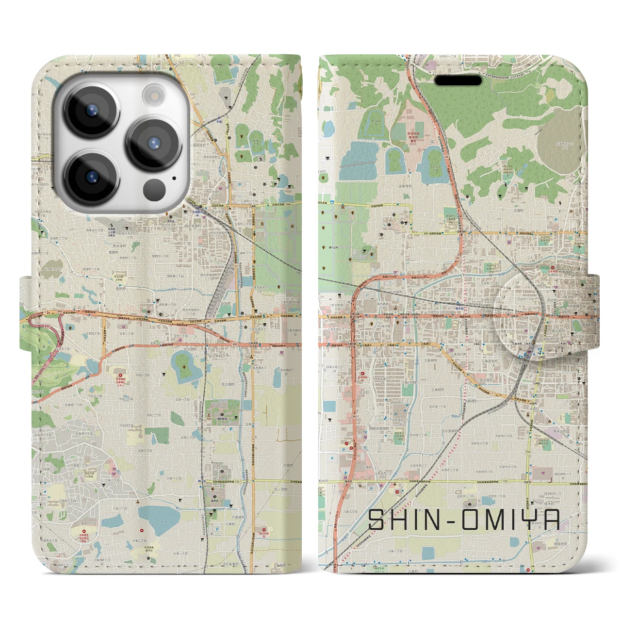 【新大宮】地図柄iPhoneケース（手帳両面タイプ・ナチュラル）iPhone 14 Pro 用