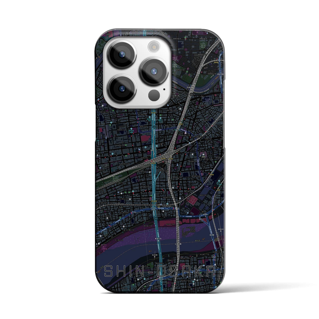 【新大阪】地図柄iPhoneケース（バックカバータイプ・ブラック）iPhone 14 Pro 用