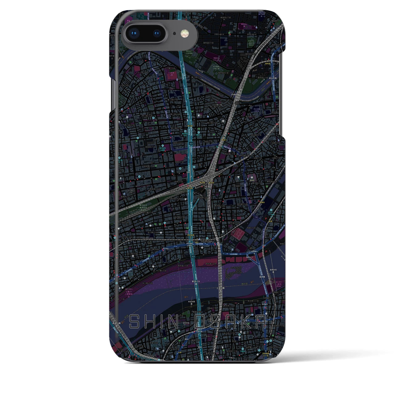 【新大阪】地図柄iPhoneケース（バックカバータイプ・ブラック）iPhone 8Plus /7Plus / 6sPlus / 6Plus 用