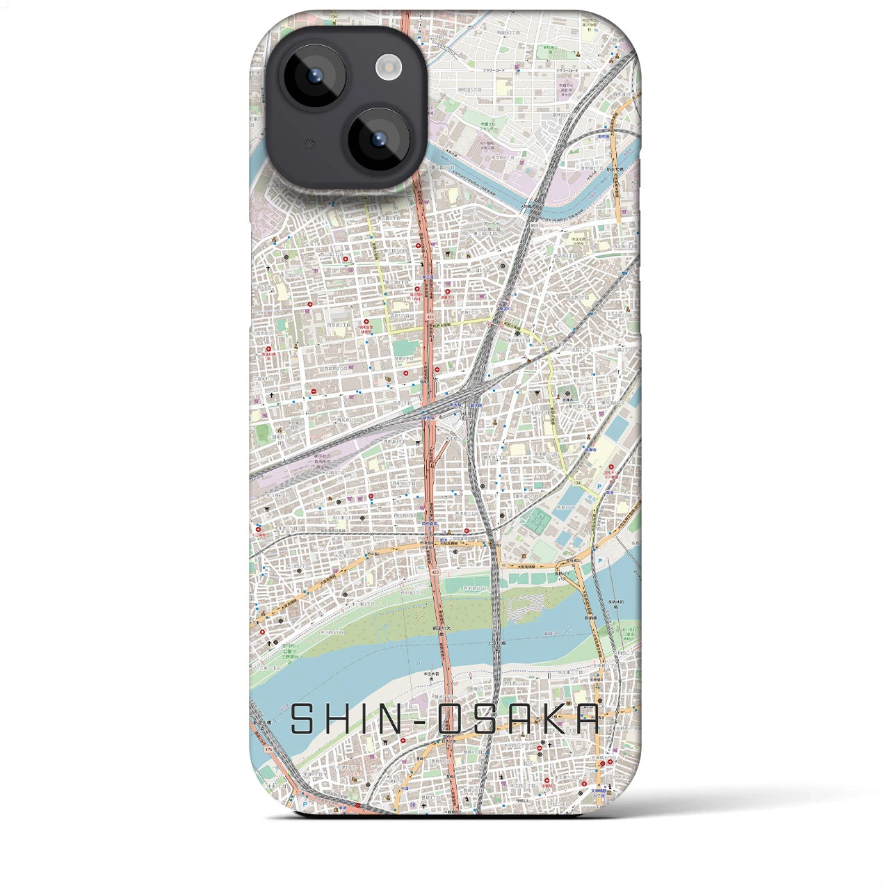 【新大阪】地図柄iPhoneケース（バックカバータイプ・ナチュラル）iPhone 14 Plus 用