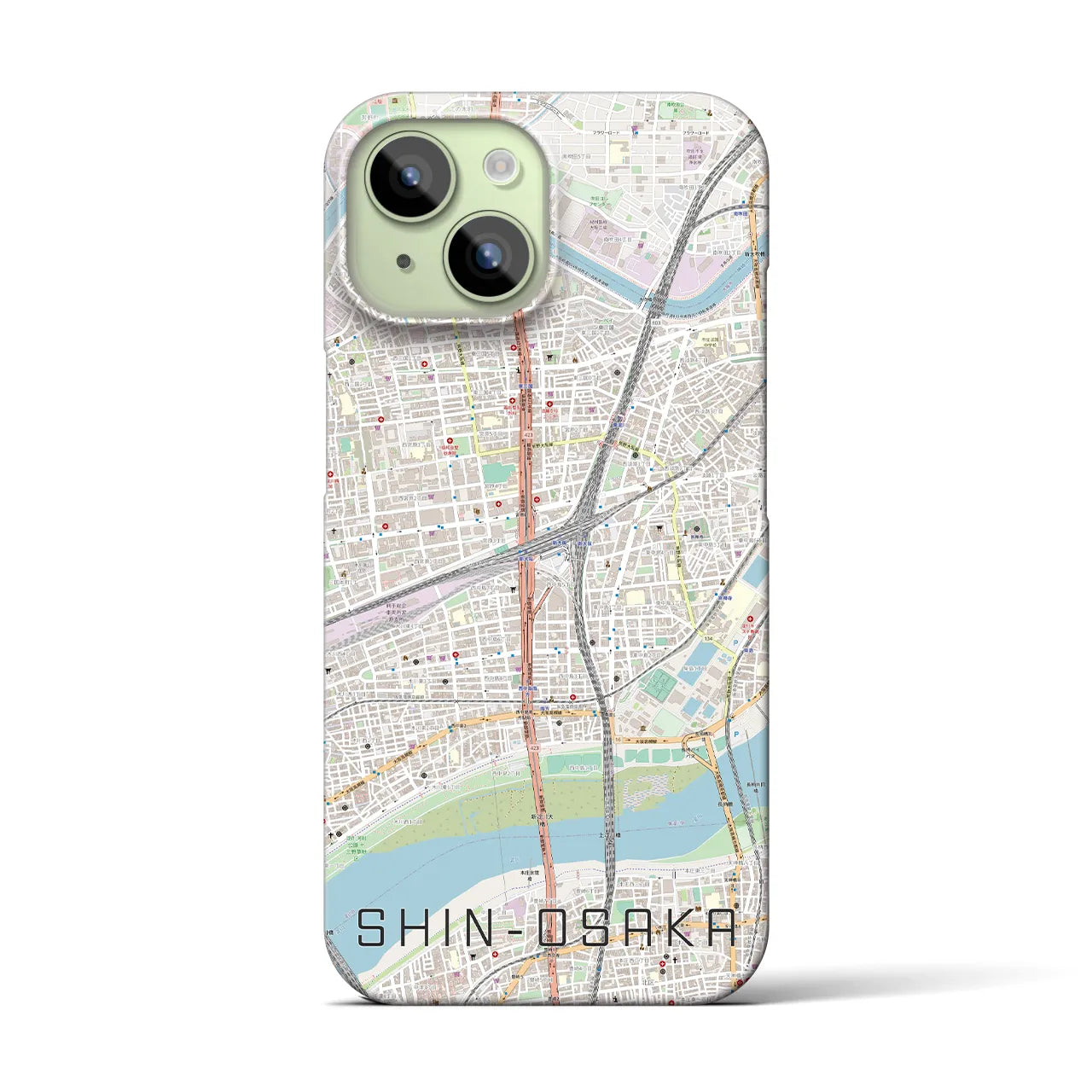 【新大阪】地図柄iPhoneケース（バックカバータイプ・ナチュラル）iPhone 15 用