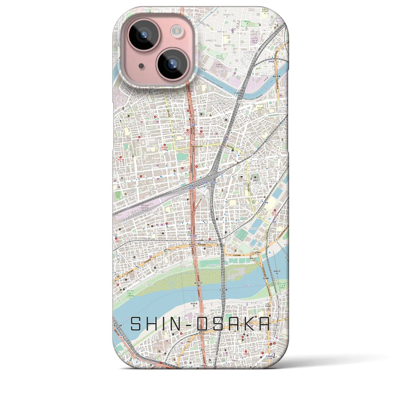 【新大阪】地図柄iPhoneケース（バックカバータイプ・ナチュラル）iPhone 15 Plus 用