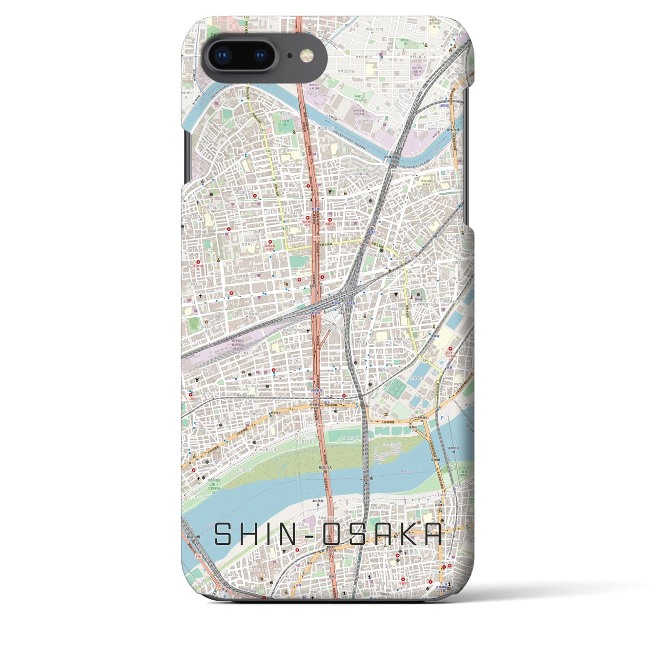【新大阪】地図柄iPhoneケース（バックカバータイプ・ナチュラル）iPhone 8Plus /7Plus / 6sPlus / 6Plus 用