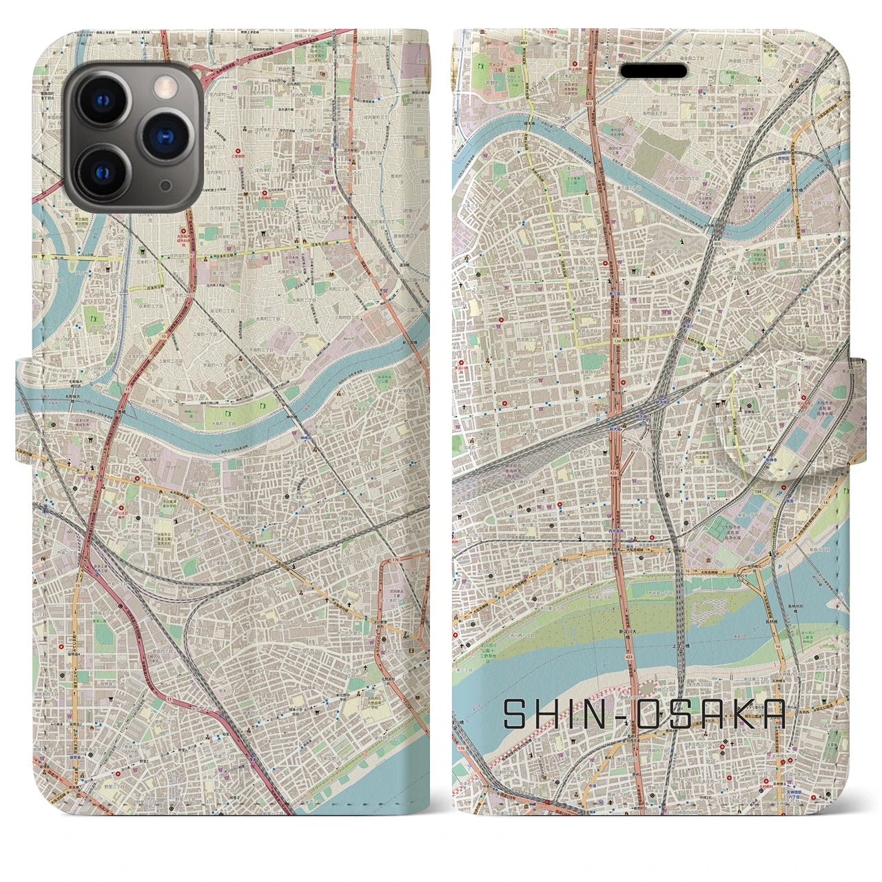 【新大阪】地図柄iPhoneケース（手帳両面タイプ・ナチュラル）iPhone 11 Pro Max 用