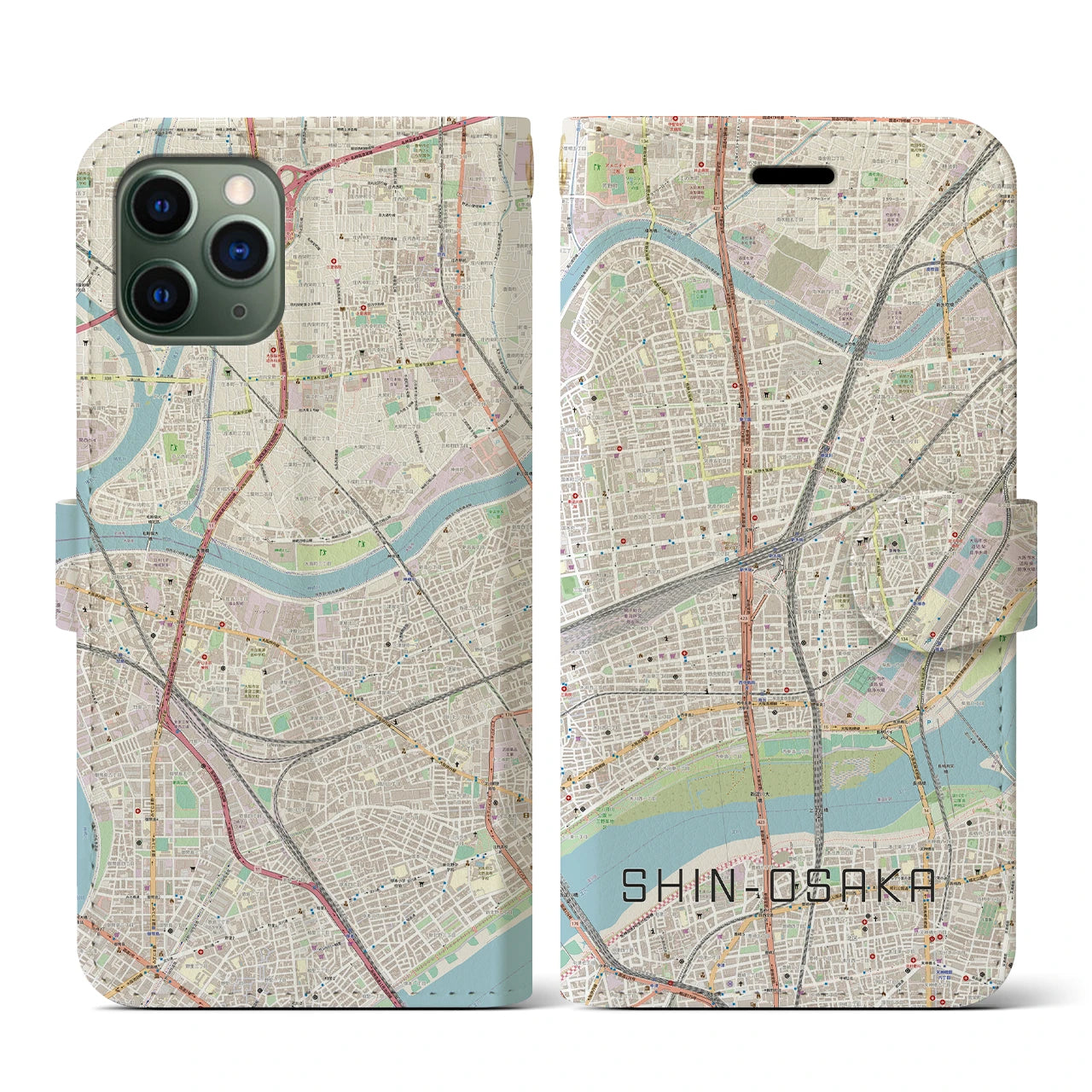 【新大阪】地図柄iPhoneケース（手帳両面タイプ・ナチュラル）iPhone 11 Pro 用
