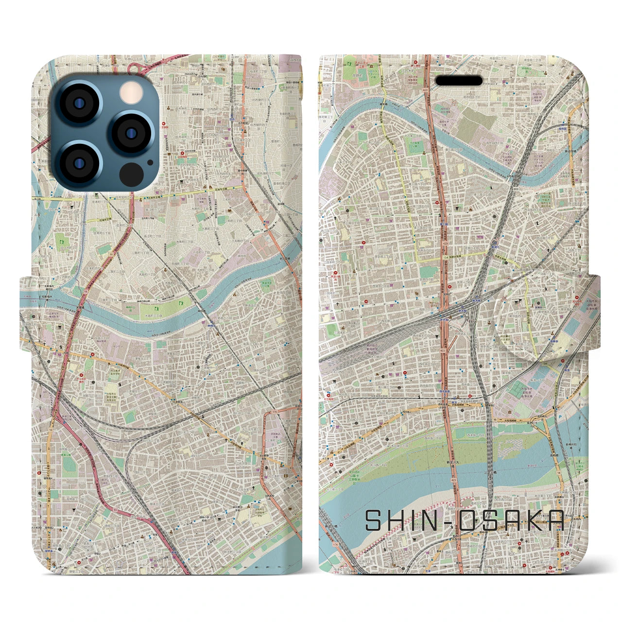 【新大阪】地図柄iPhoneケース（手帳両面タイプ・ナチュラル）iPhone 12 / 12 Pro 用