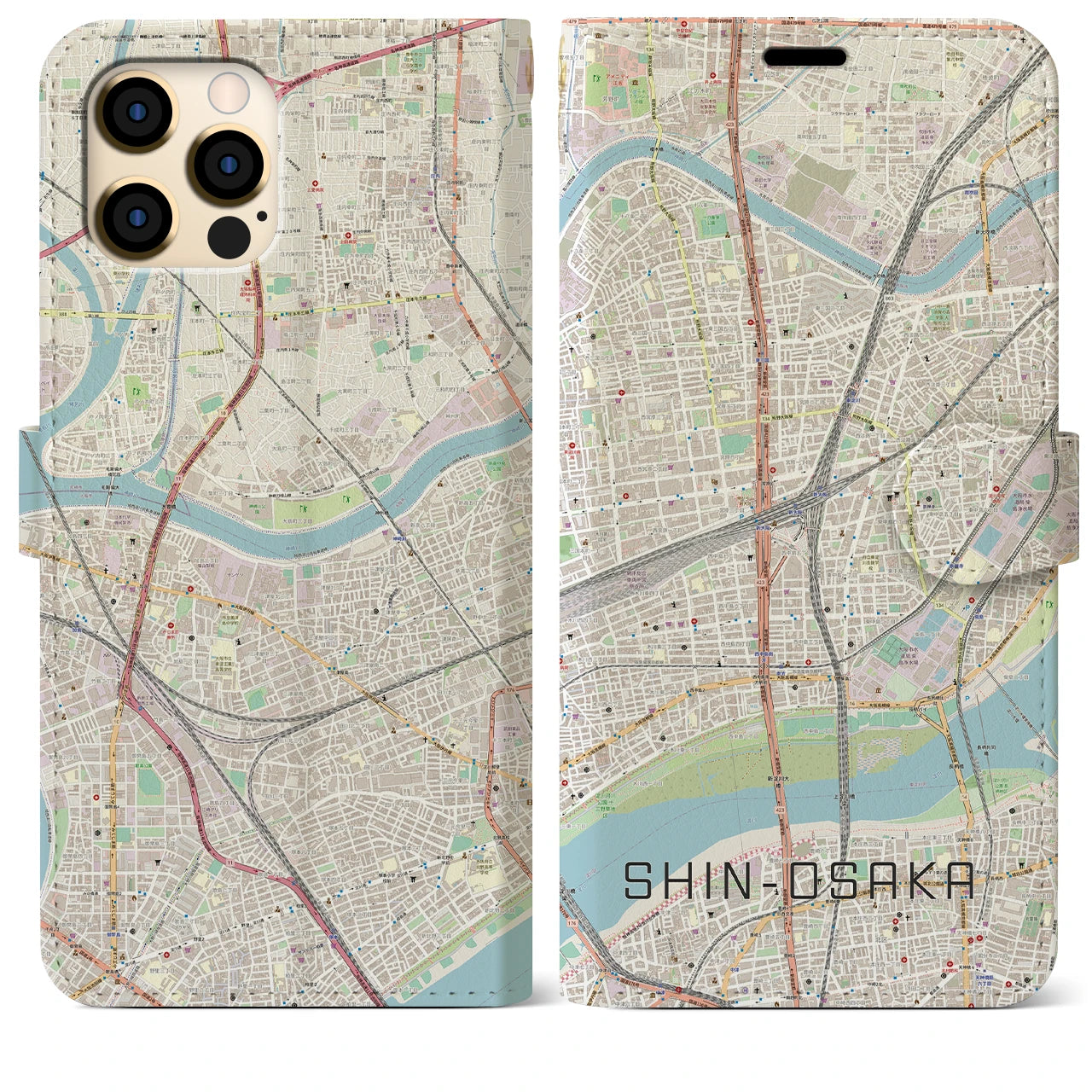 【新大阪】地図柄iPhoneケース（手帳両面タイプ・ナチュラル）iPhone 12 Pro Max 用
