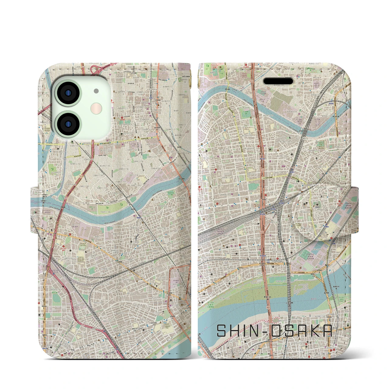 【新大阪】地図柄iPhoneケース（手帳両面タイプ・ナチュラル）iPhone 12 mini 用