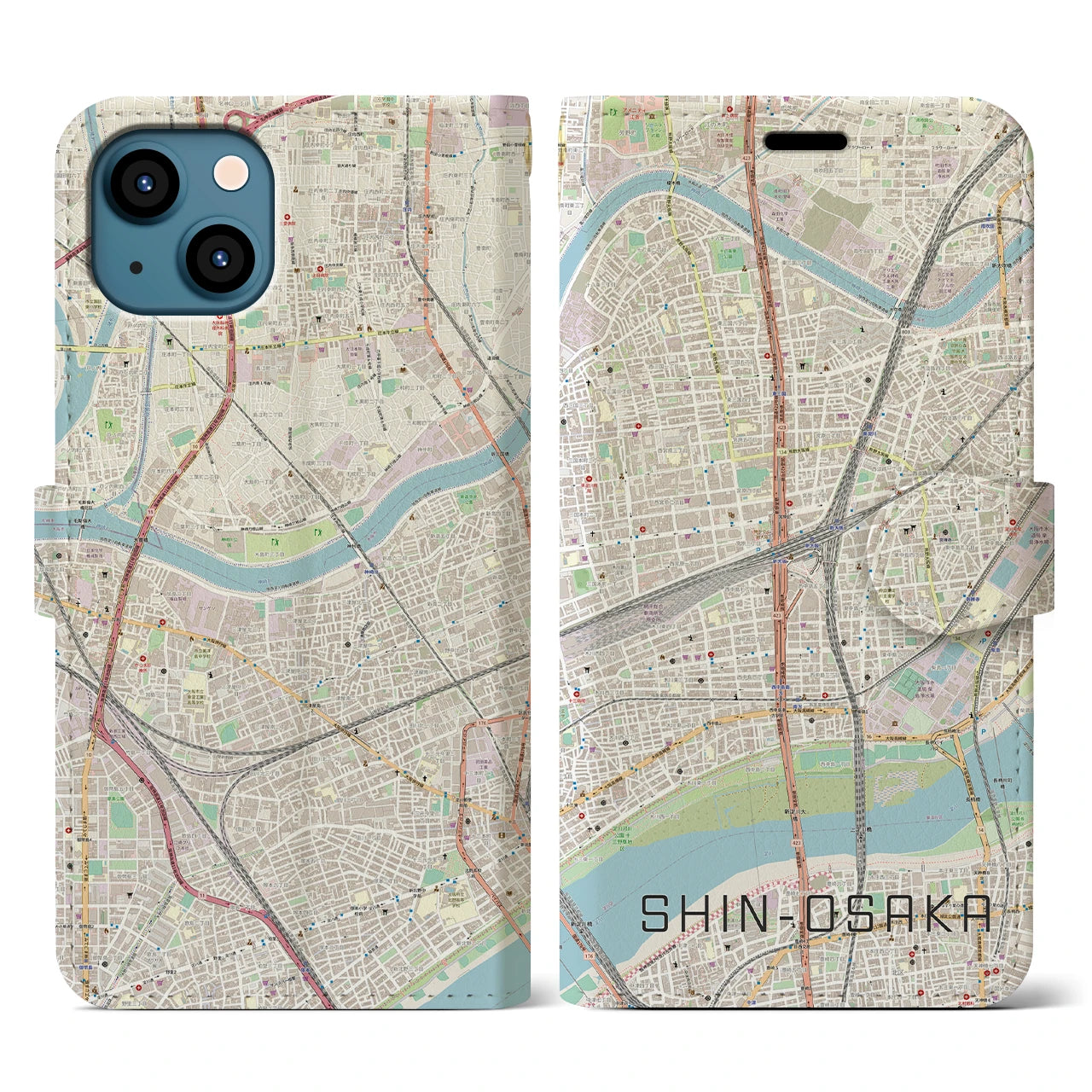 【新大阪】地図柄iPhoneケース（手帳両面タイプ・ナチュラル）iPhone 13 用