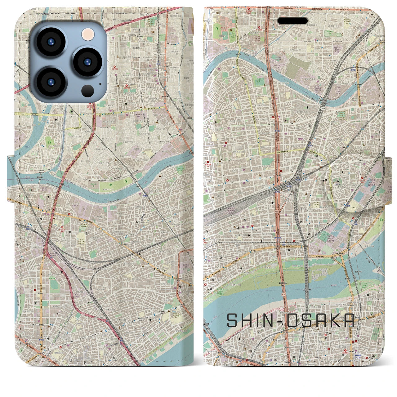 【新大阪】地図柄iPhoneケース（手帳両面タイプ・ナチュラル）iPhone 13 Pro Max 用