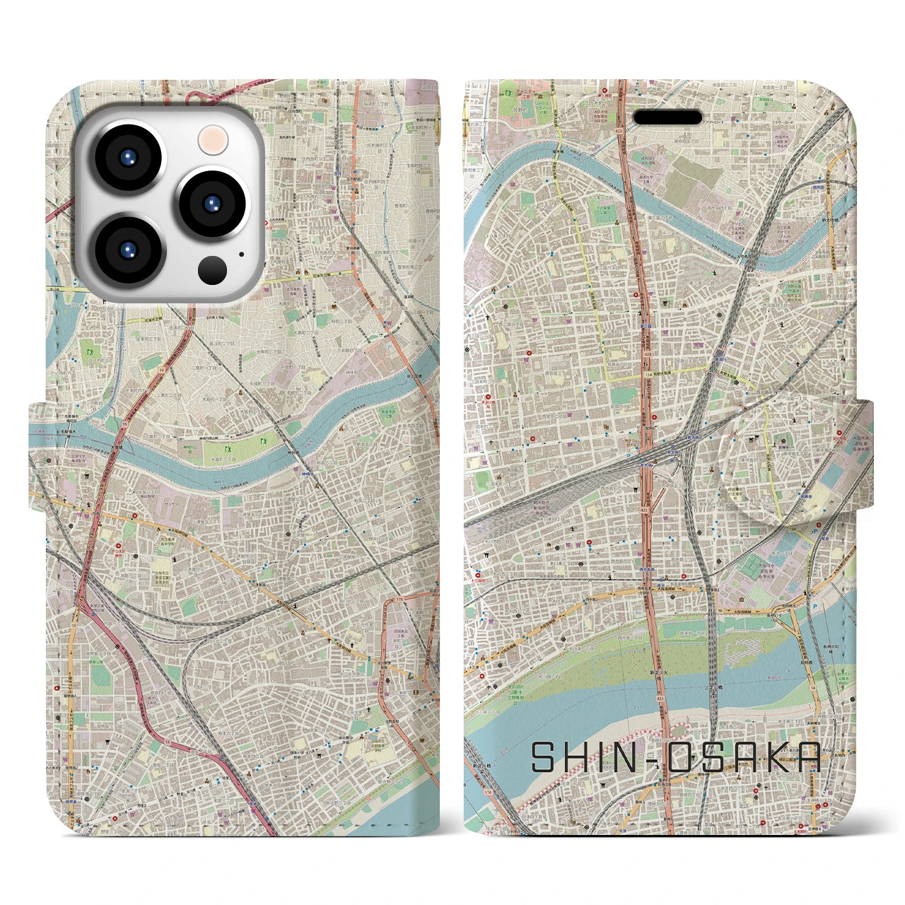 【新大阪】地図柄iPhoneケース（手帳両面タイプ・ナチュラル）iPhone 13 Pro 用