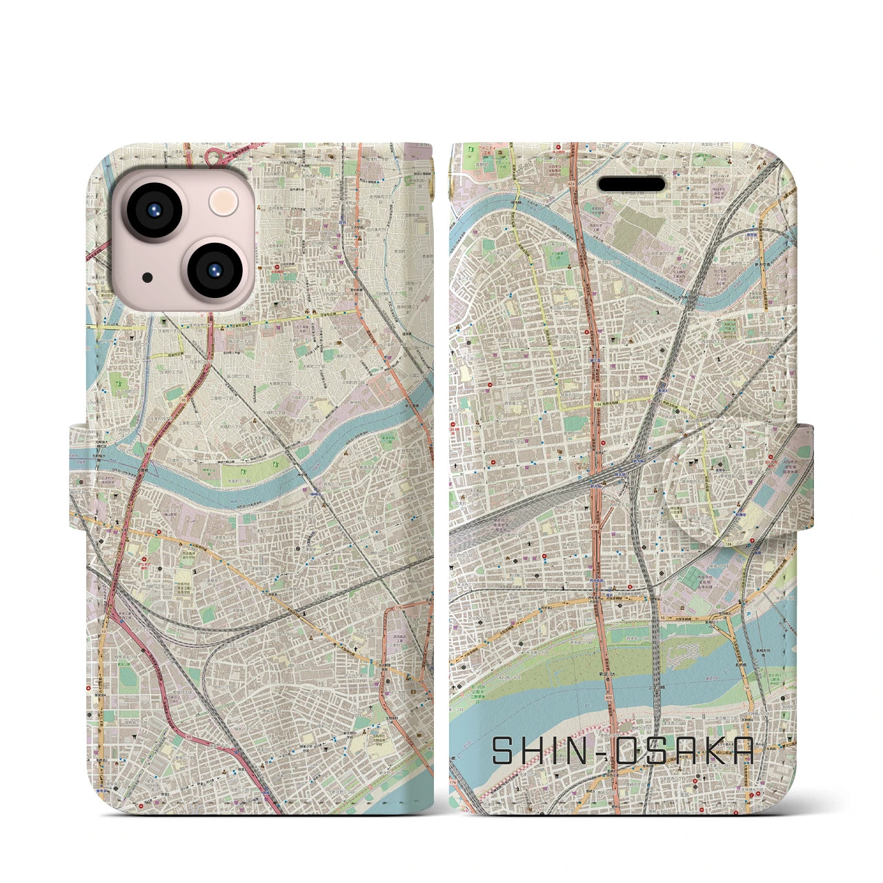 【新大阪】地図柄iPhoneケース（手帳両面タイプ・ナチュラル）iPhone 13 mini 用
