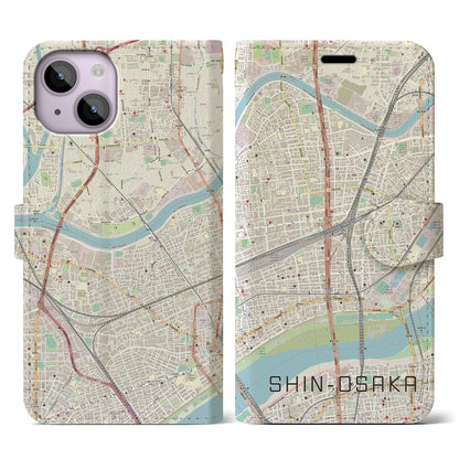 【新大阪（大阪府）】地図柄iPhoneケース（手帳タイプ）ナチュラル・iPhone 14 用