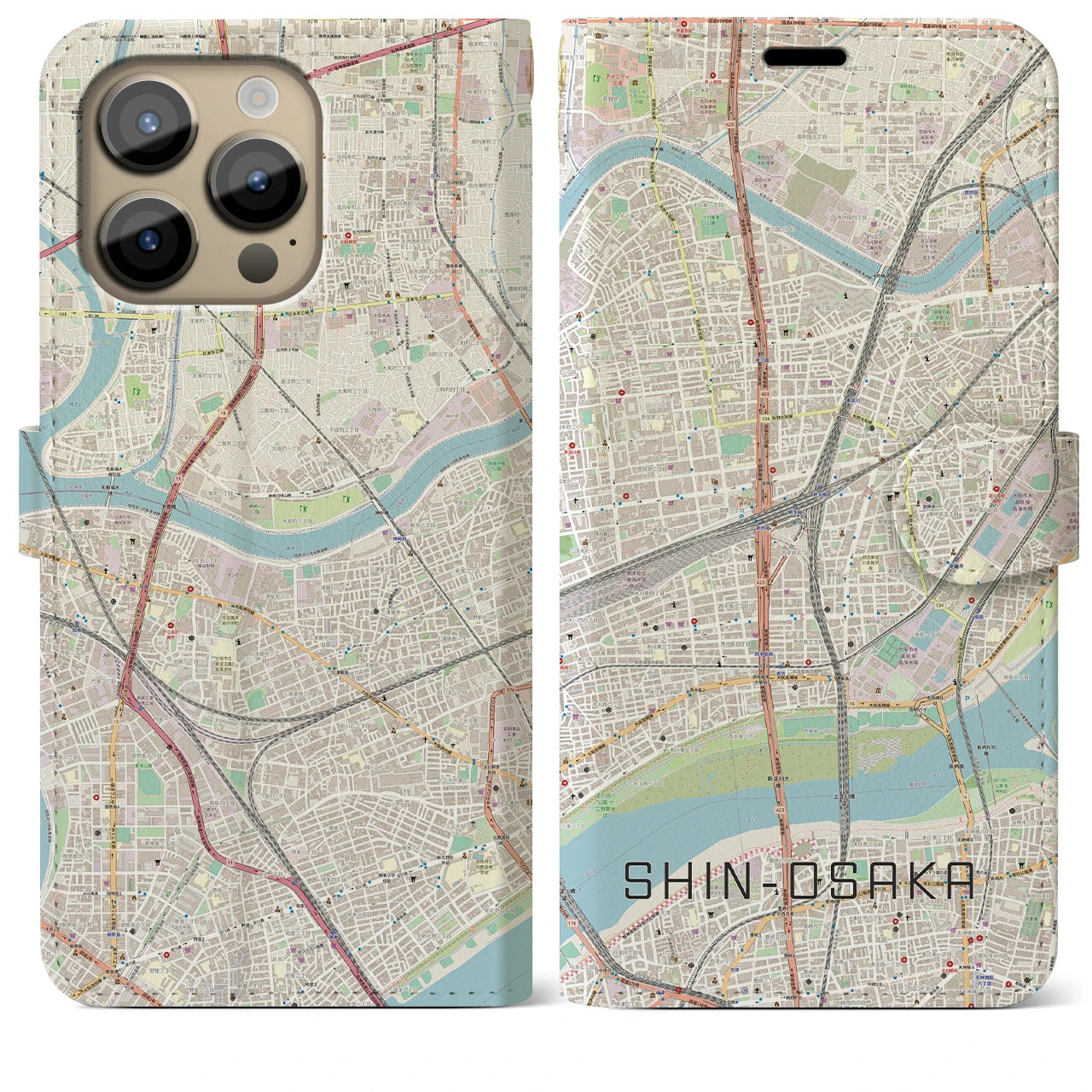 【新大阪】地図柄iPhoneケース（手帳両面タイプ・ナチュラル）iPhone 14 Pro Max 用