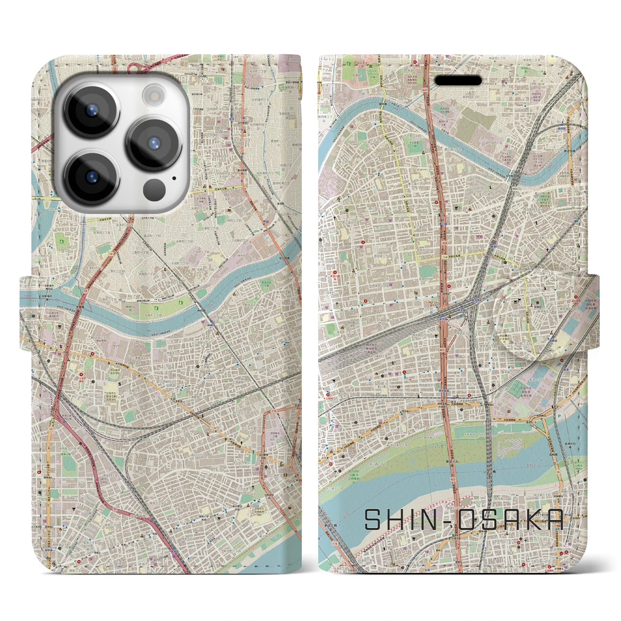 【新大阪】地図柄iPhoneケース（手帳両面タイプ・ナチュラル）iPhone 14 Pro 用
