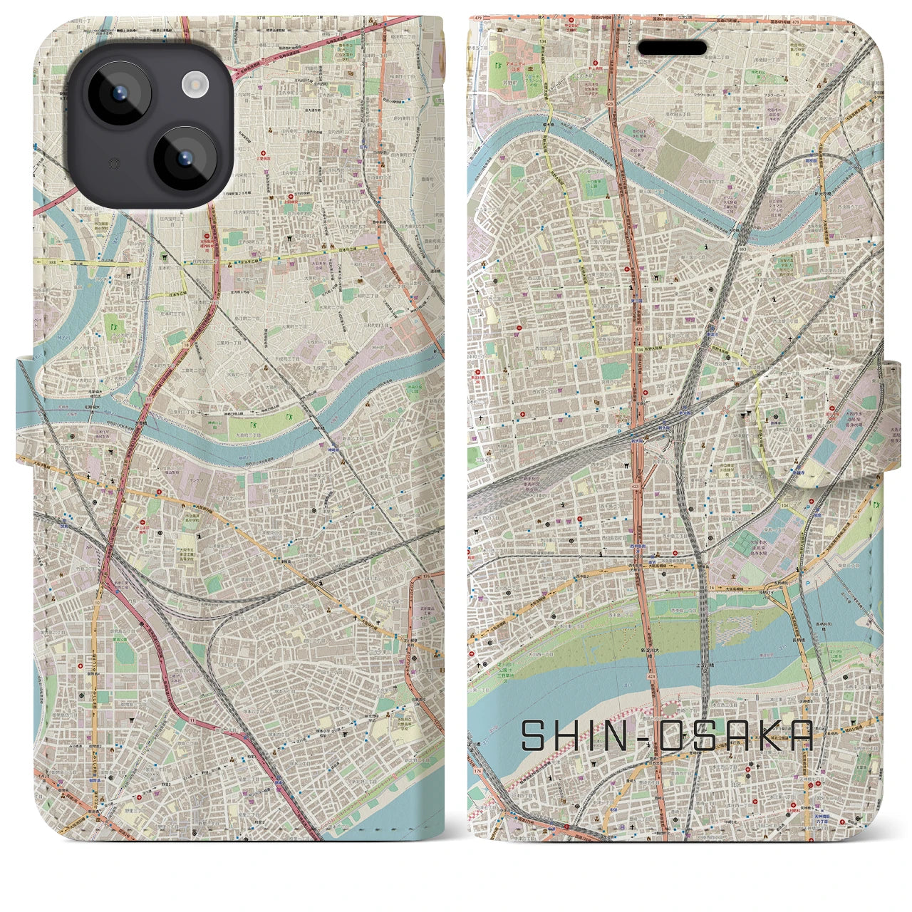 【新大阪】地図柄iPhoneケース（手帳両面タイプ・ナチュラル）iPhone 14 Plus 用