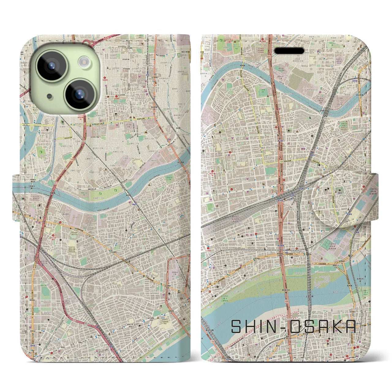 【新大阪】地図柄iPhoneケース（手帳両面タイプ・ナチュラル）iPhone 15 用