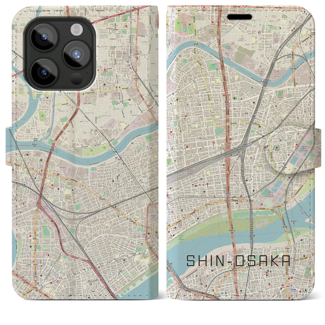 【新大阪】地図柄iPhoneケース（手帳両面タイプ・ナチュラル）iPhone 15 Pro Max 用