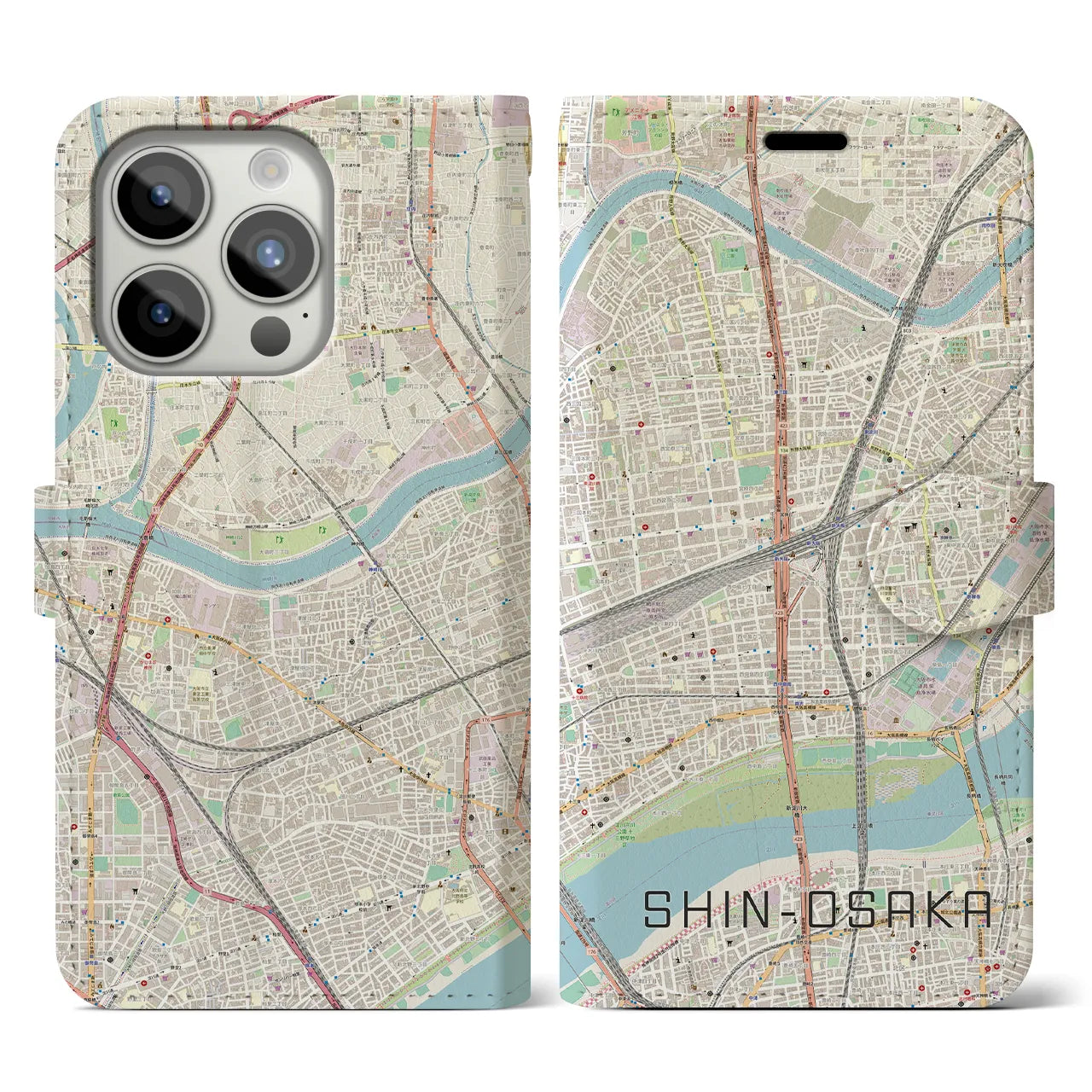 【新大阪】地図柄iPhoneケース（手帳両面タイプ・ナチュラル）iPhone 15 Pro 用
