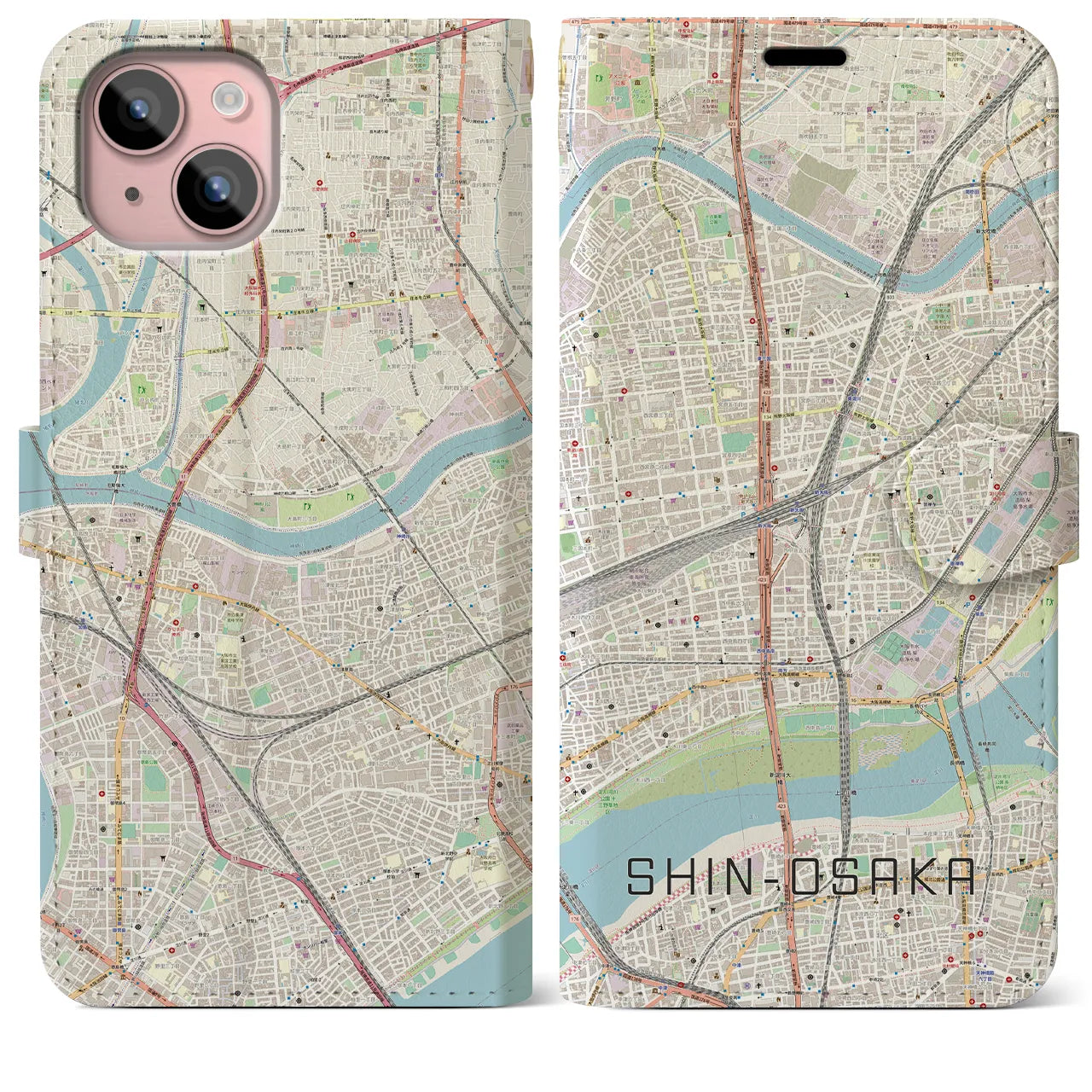【新大阪】地図柄iPhoneケース（手帳両面タイプ・ナチュラル）iPhone 15 Plus 用
