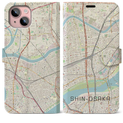 【新大阪（大阪府）】地図柄iPhoneケース（手帳タイプ）ナチュラル・iPhone 15 Plus 用