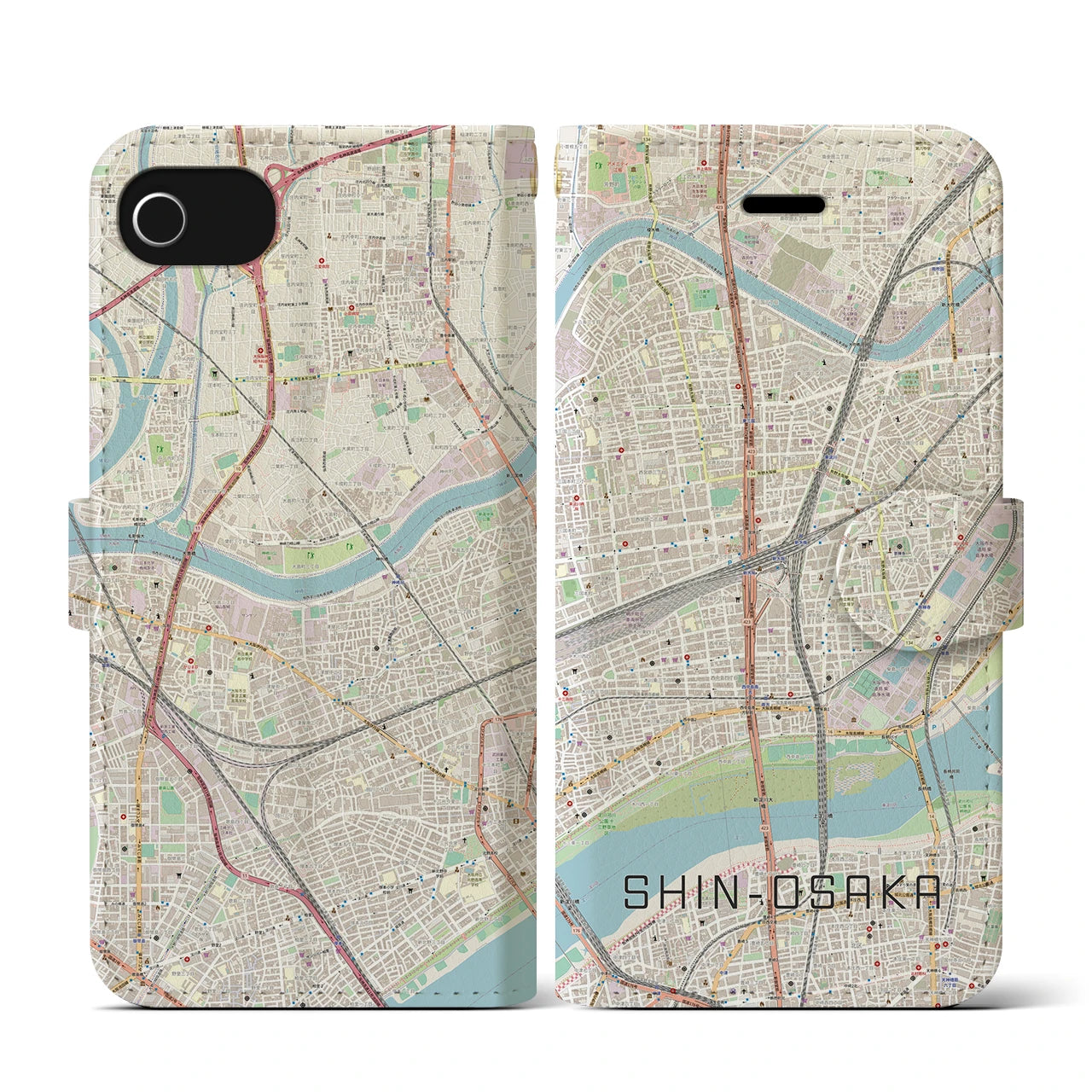 【新大阪】地図柄iPhoneケース（手帳両面タイプ・ナチュラル）iPhone SE（第3 / 第2世代） / 8 / 7 / 6s / 6 用