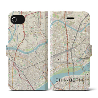 【新大阪（大阪府）】地図柄iPhoneケース（手帳タイプ）ナチュラル・iPhone SE（第3 / 第2世代） / 8 / 7 / 6s / 6 用