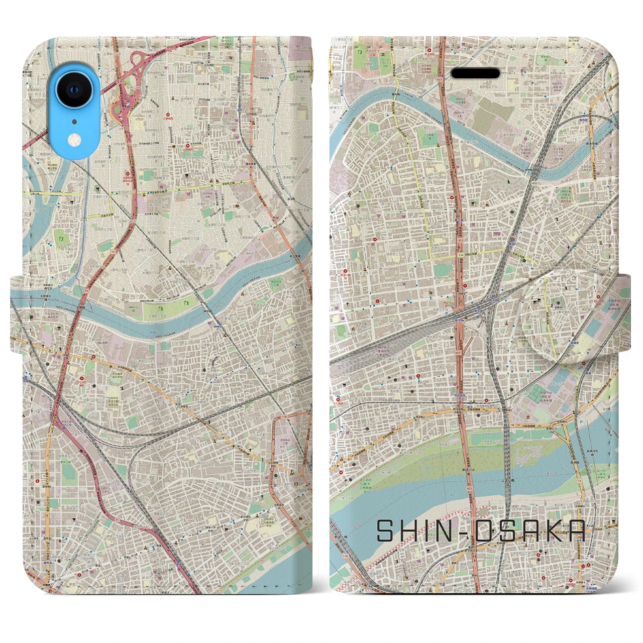 【新大阪】地図柄iPhoneケース（手帳両面タイプ・ナチュラル）iPhone XR 用