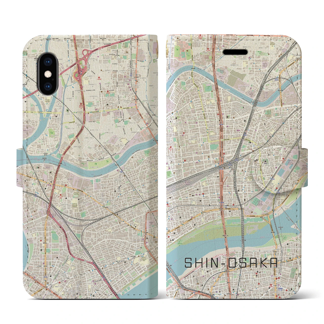 【新大阪】地図柄iPhoneケース（手帳両面タイプ・ナチュラル）iPhone XS / X 用