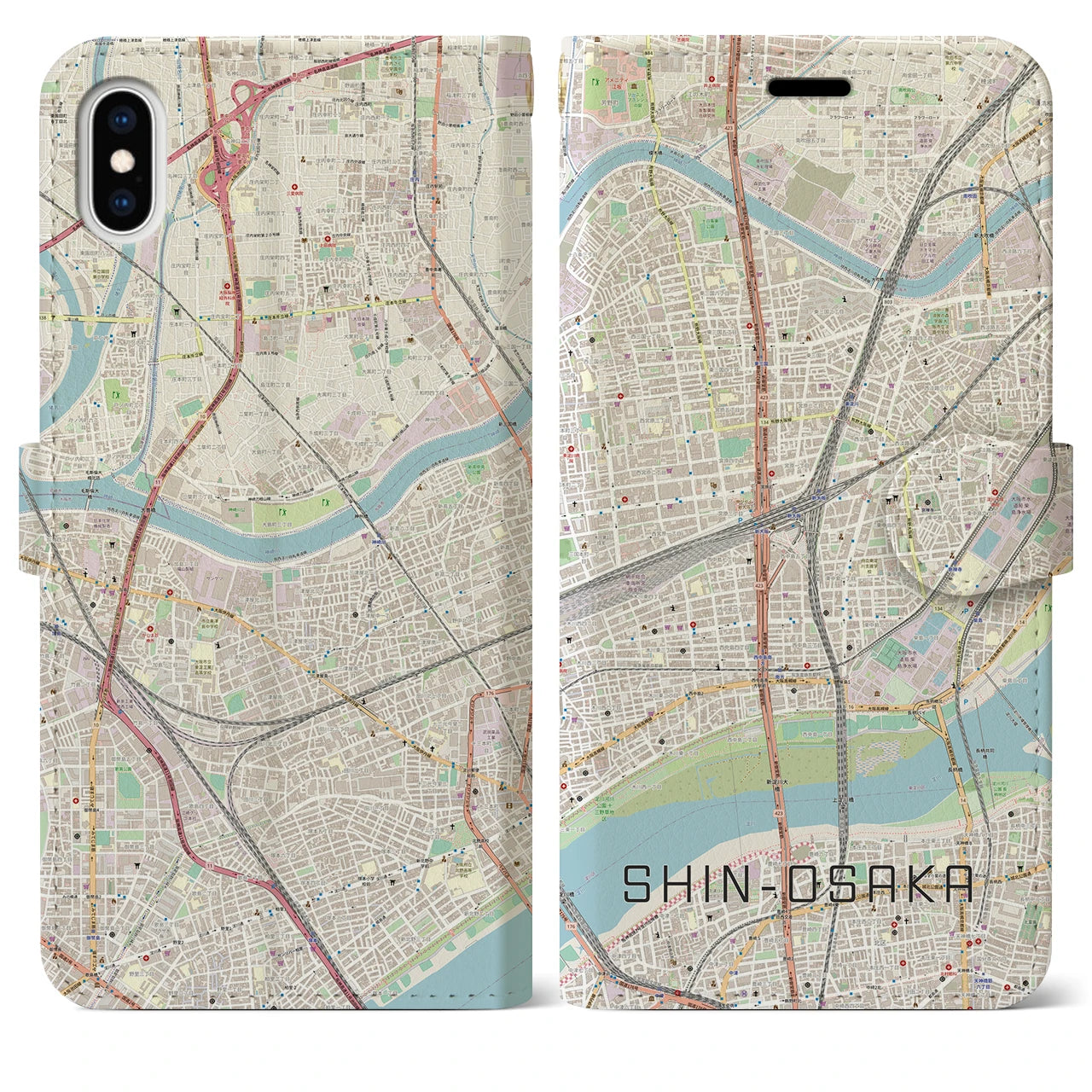 【新大阪】地図柄iPhoneケース（手帳両面タイプ・ナチュラル）iPhone XS Max 用