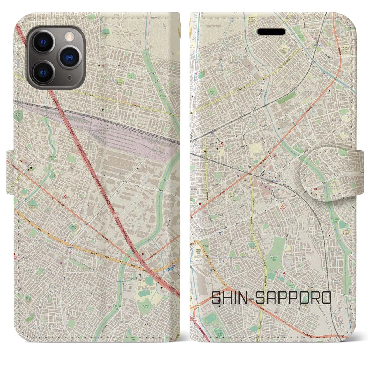 【新札幌】地図柄iPhoneケース（手帳両面タイプ・ナチュラル）iPhone 11 Pro Max 用