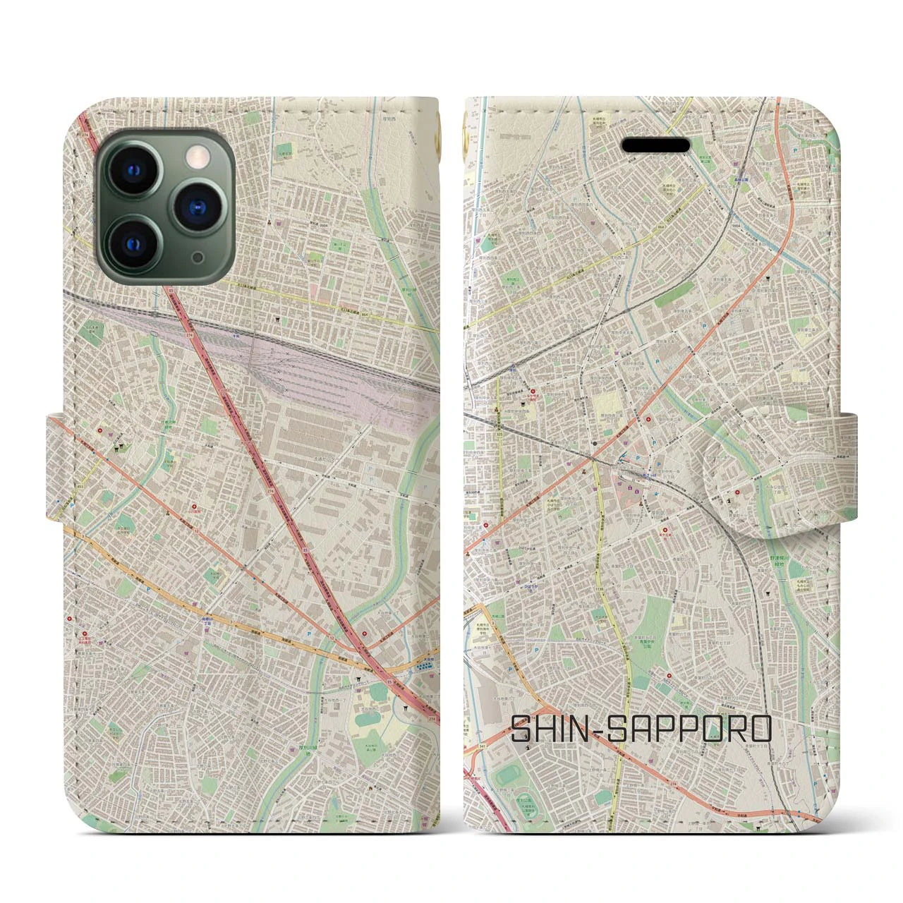 【新札幌】地図柄iPhoneケース（手帳両面タイプ・ナチュラル）iPhone 11 Pro 用