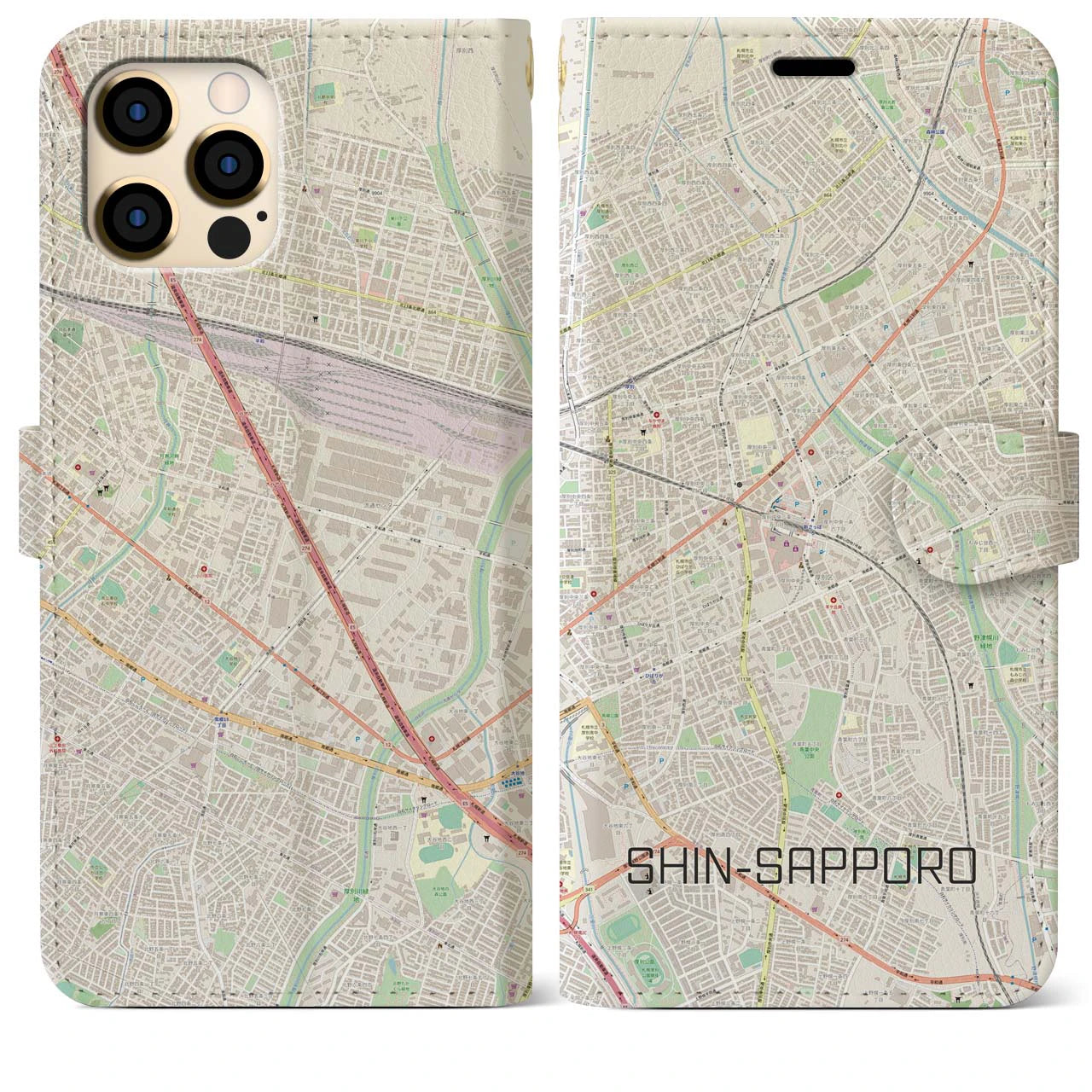 【新札幌】地図柄iPhoneケース（手帳両面タイプ・ナチュラル）iPhone 12 Pro Max 用