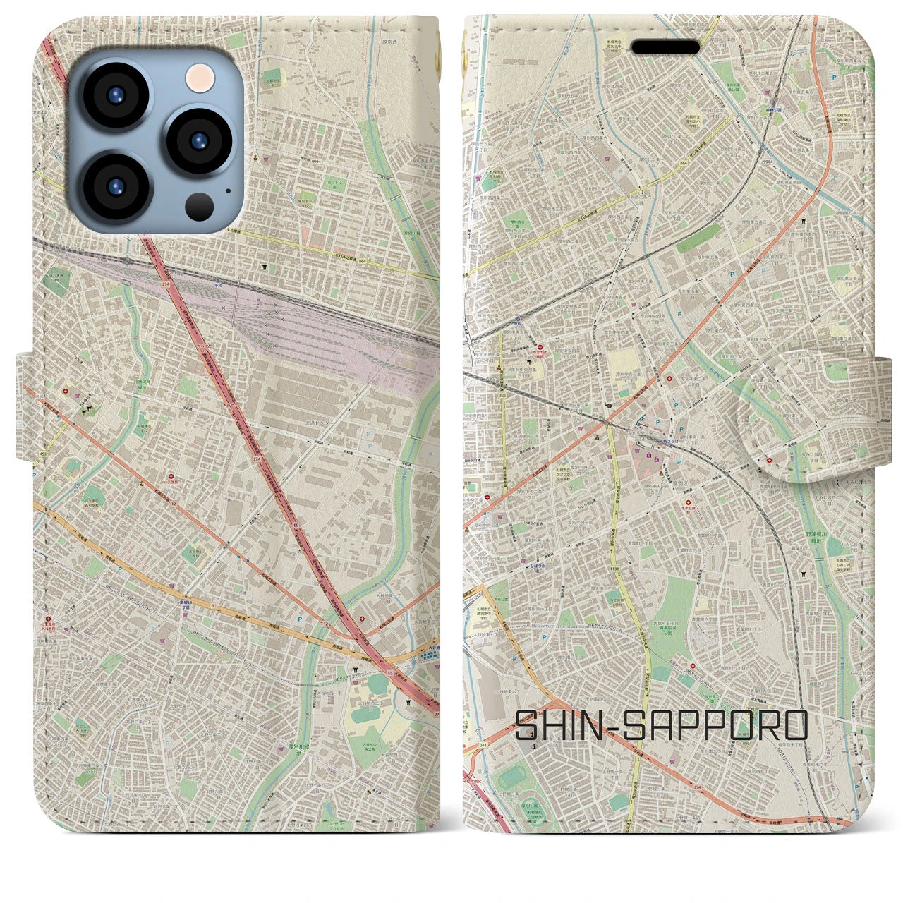 【新札幌】地図柄iPhoneケース（手帳両面タイプ・ナチュラル）iPhone 13 Pro Max 用